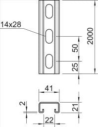 OBO Profilschiene gelocht,Schlitzweite 22mm 2000x41x21 Stahl bandverzinkt – 1122918