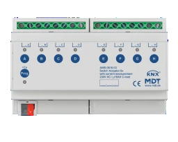 MDT Schaltaktor 8-fach, 8TE, REG, 16 A, 230 V AC, C-Last mit Strommessung, 140 µF – AMS-0816.03