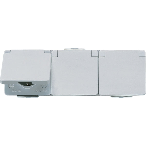 SCHUKO-Dreifach-Steckdose, 16 A 250V ~, Klappdeckel, waagerecht, IP44, WG600 – 623W