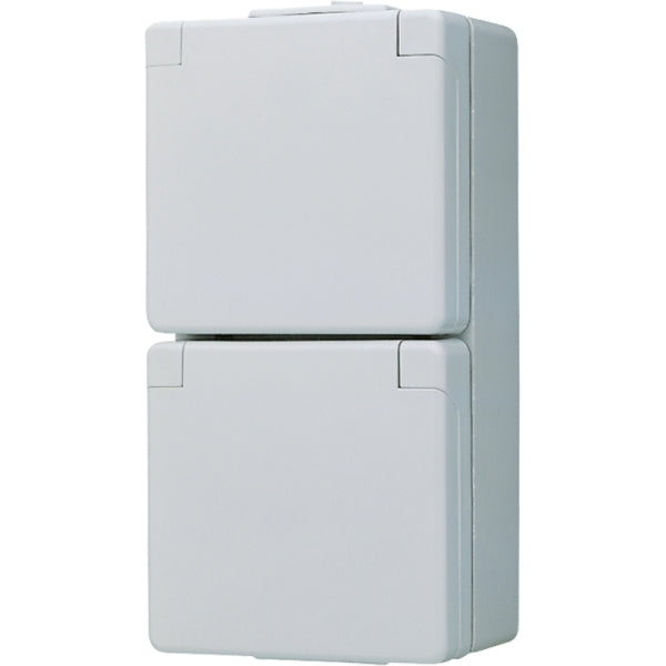 SCHUKO-Zweifach-Steckdose, 16 A 250V ~, Klappdeckel, senkrecht, IP44, WG600 – 622W