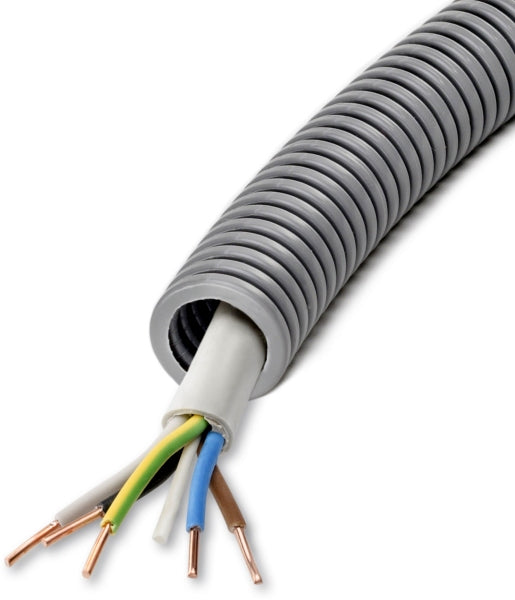 PVC-Panzerflexrohr,Ø20mm,biegs.,mittel,Turborillen,vorverdr.,YM 5x1,5mm² – 65044