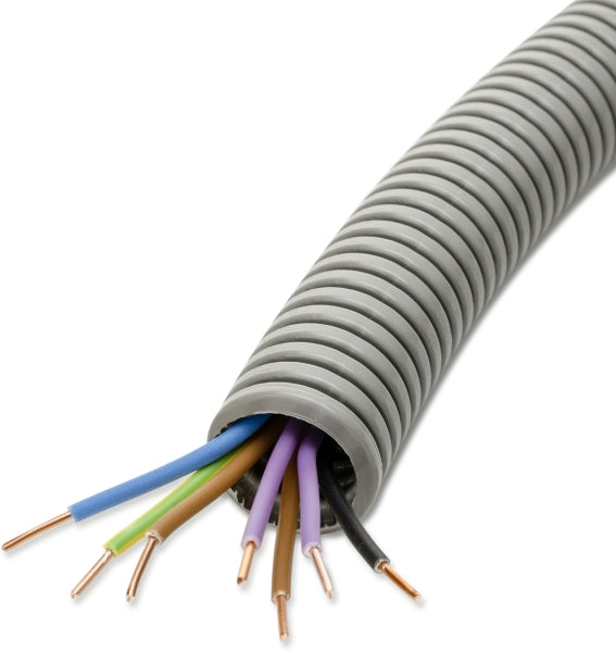 PVC-Panzerflexrohr,Ø25mm,biegsam,vorverdr.,YE 7x1,5mm² sw,2xbr,2xvio,bl,ge/gn – 65048
