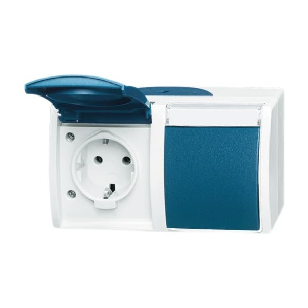 SCHUKO Doppelsteckdose waagerecht mit Klappdeckel grau/blaugrün - ocean – 2CKA002084A0703