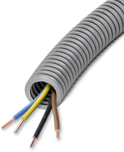 PVC-Panzerflexrohr,Ø20mm,biegs.,Turborillen,vorverdr.,YE 4x1,5mm² sw,gr,br,ge/gn – 98982