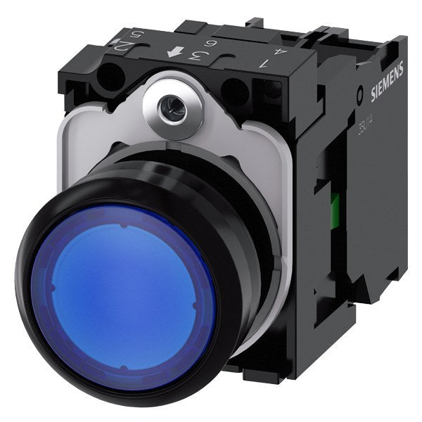 Drucktaster, beleuchtet, 22mm, rund, Kunststoff, blau, 1S, AC/DC 24V