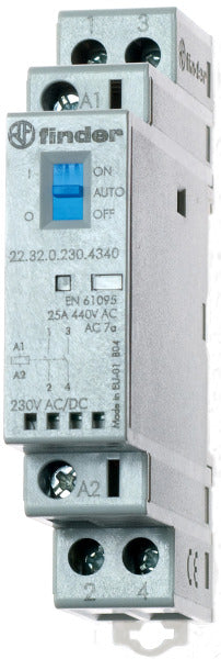Schütz Reiheneinbau, 1Ö+1S 25A, Spule 230VAC/DC, On-Auto-Off, LED – 22.32.0.230.4540