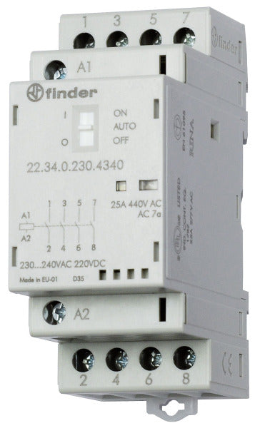 Schütz Reiheneinbau, 4 Schliesser 25A, Spule 230VAC/DC, On-Auto-Off, LED – 22.34.0.230.4340