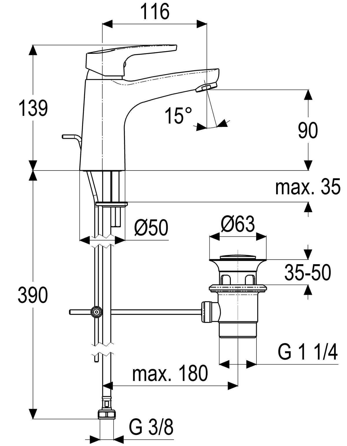 Alva Dura 1.0 Waschtischarmatur XL mit Ablaufgarnitur, Black Line Matt - AQARDUWTXL.1BM