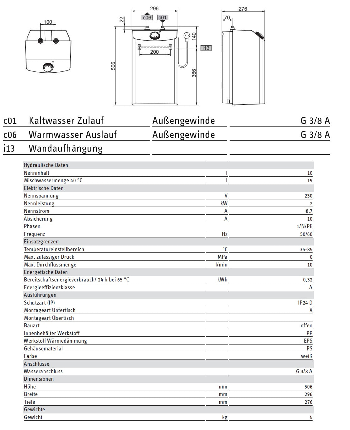 Alva Una E-Kleinspeicher 10 Liter Untertisch, 2 kW, drucklos - AQESP10UT.2