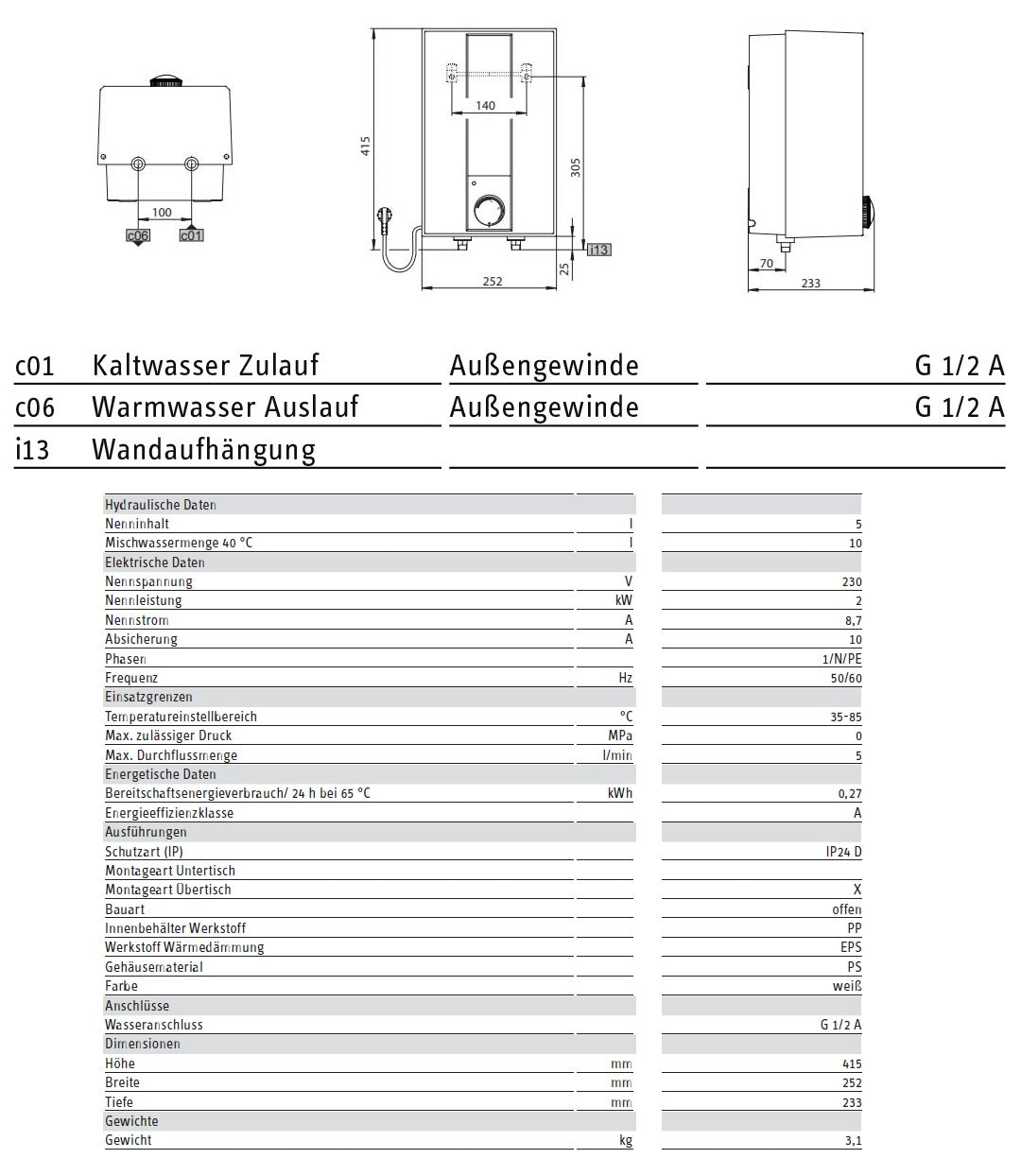 Alva Una E-Kleinspeicher 5 Liter Obertisch, 2 kW, drucklos - AQESP5OT.2