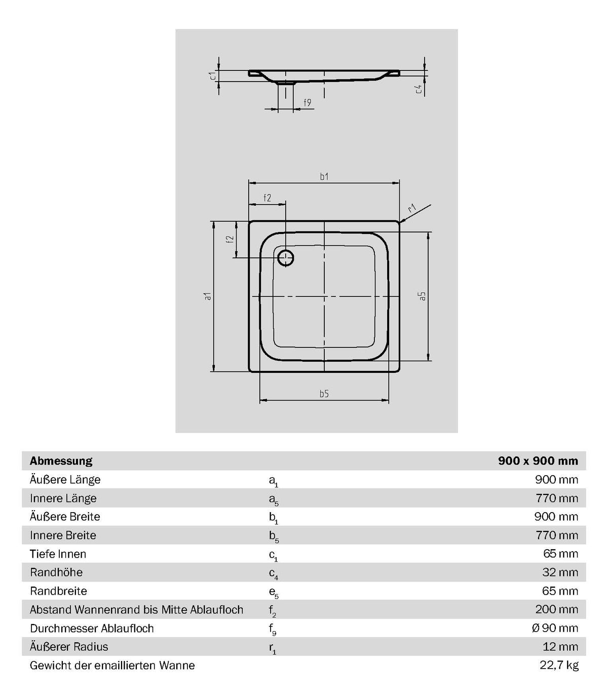 Alva Forta Stahlemail Brausetasse 90x90x6,5cm, schweres Mod.,Weiß oh.Füsse - AQBTFOBT90.6S