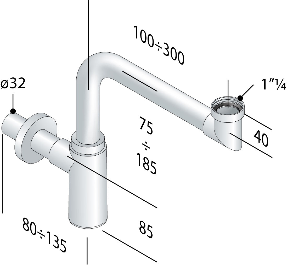 Alva Varia Raumspardesign-S. 5/4" ohne Ventil, Wandrohr 32x100mm, Schwarz Matt - AQARVADSR1S