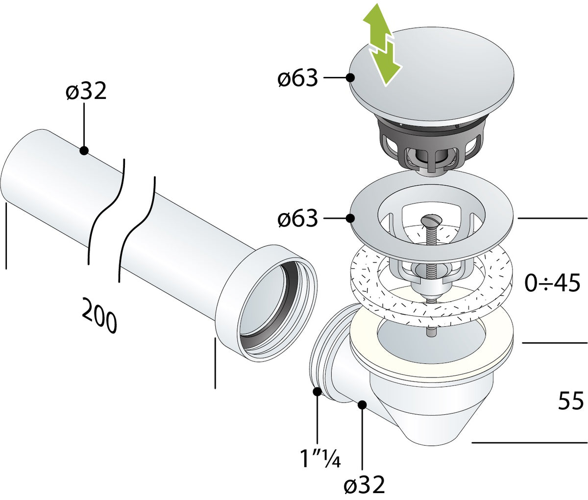 Alva Varia Set Ablaufvent. 5/4" Clic. f. AQARVARSS1,m.Anschluß-Bogen + Rohr,Chrom - AQARVARSS1S1
