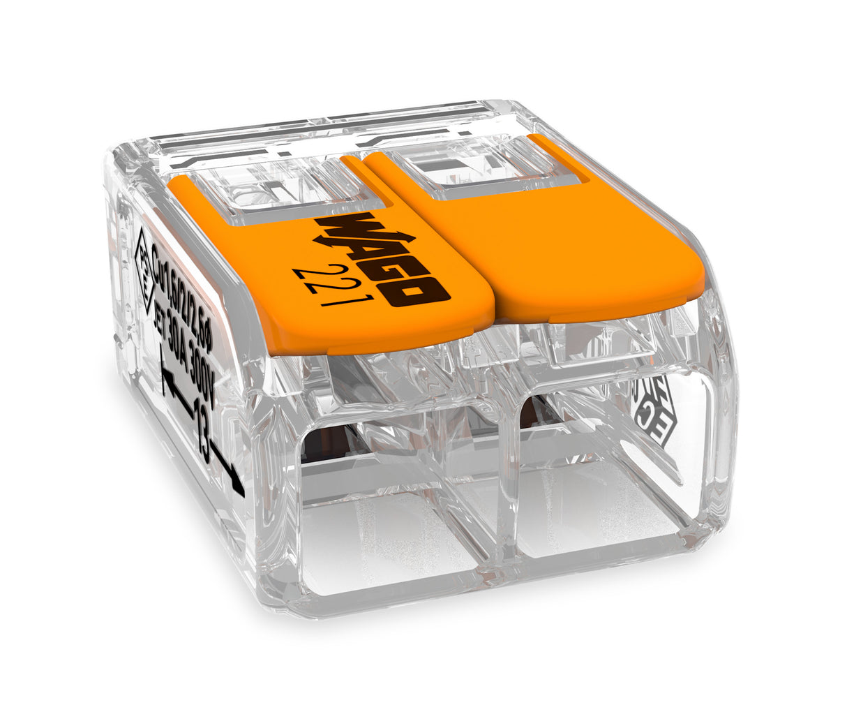 WAGO COMPACT Verbindungsdosenklemme 2-polig mit Hebeln, max. 6 mm², transparent – 221-612
