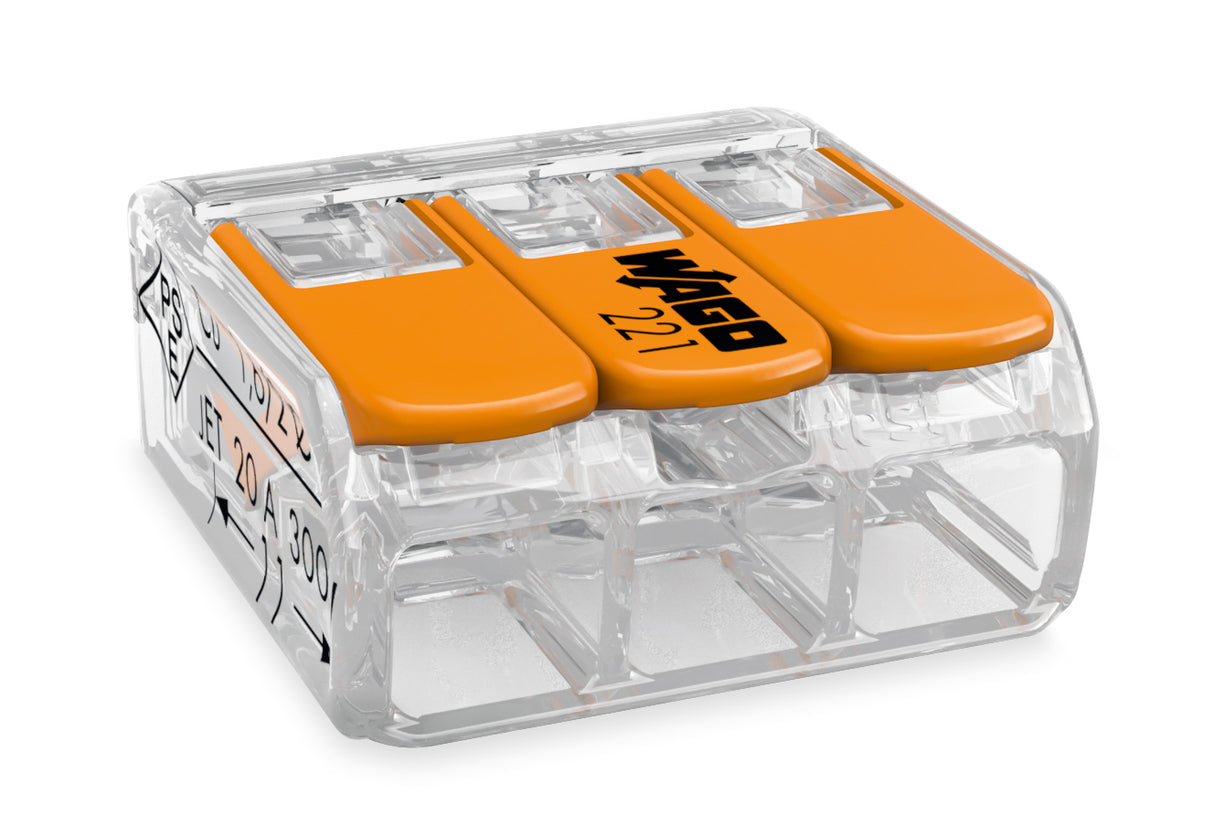 WAGO COMPACT Verbindungsdosenklemme 3-polig mit Hebeln, max. 4 mm², transparent – 221-413