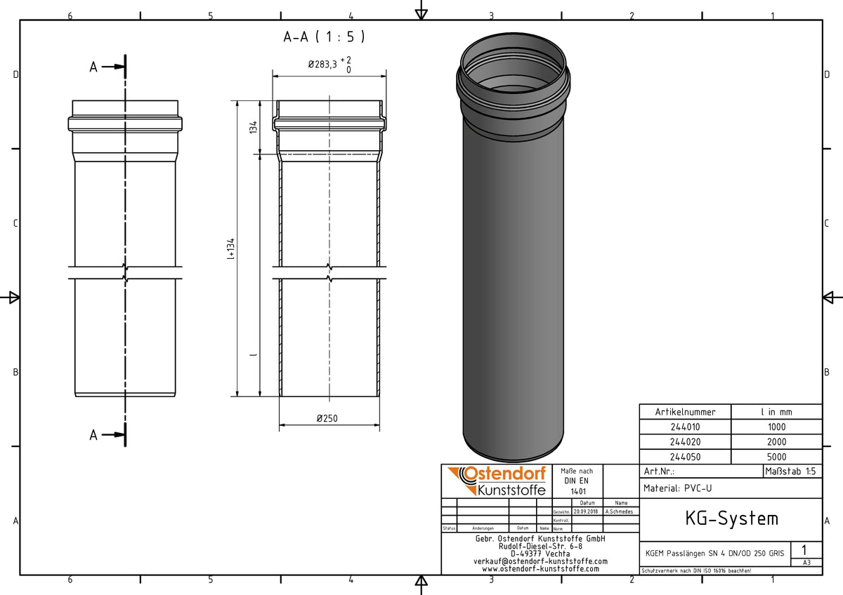 Alva PVC Kanal-Rohr SN4 DN 250/da 250x1000mm - KANR250.1000