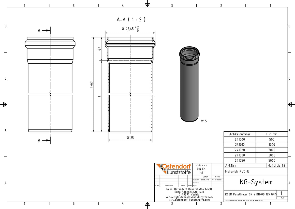 Alva PVC Kanal-Rohr SN4 DN 125/da 125x2000mm - KANR125.2000