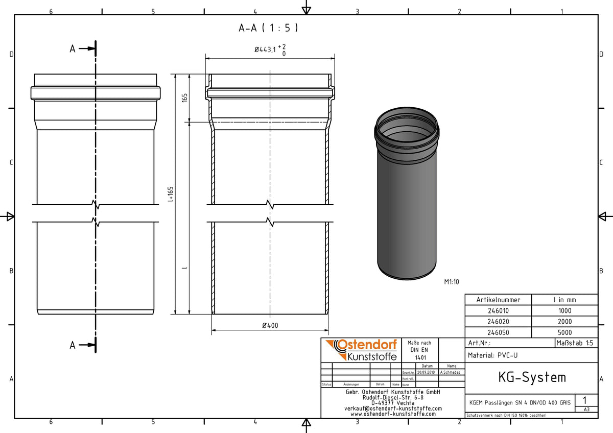 Alva PVC Kanal-Rohr SN4 DN 400/da 400x5000mm - KANR400.5000