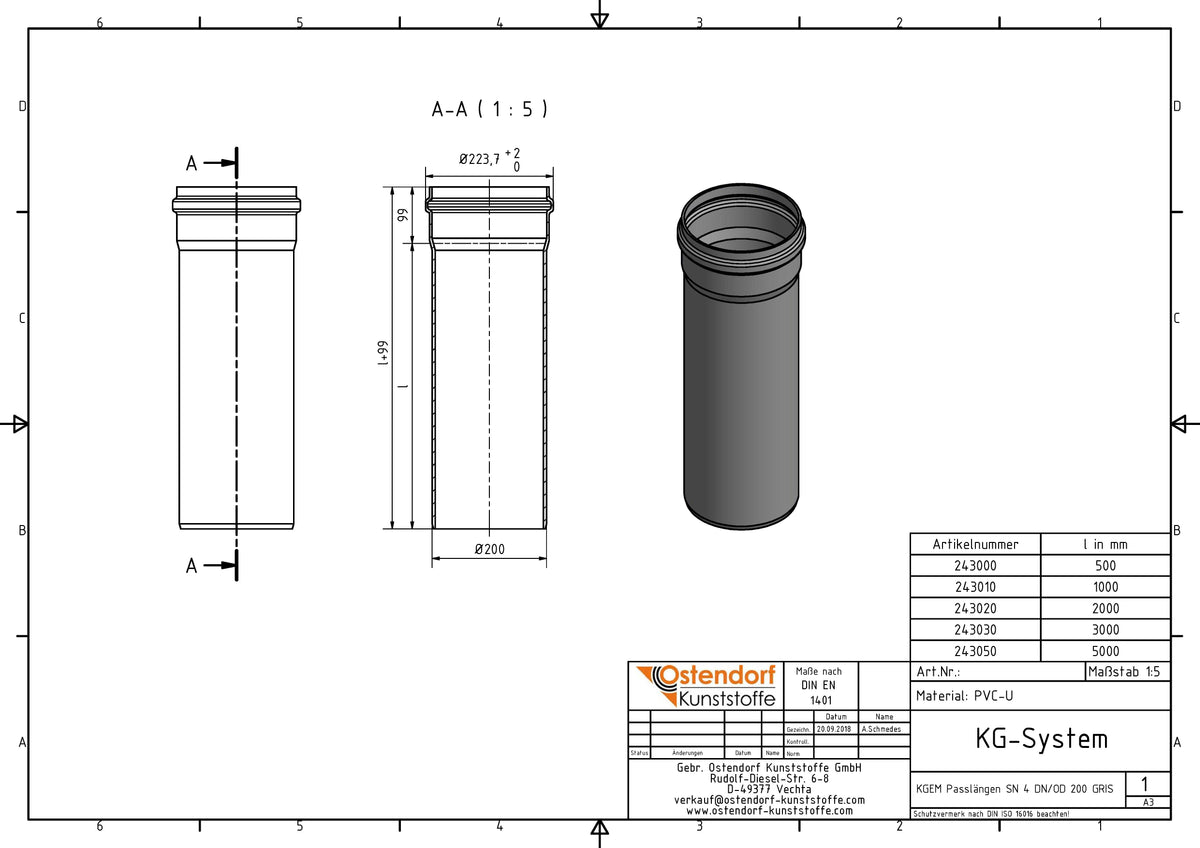 Alva PVC Kanal-Rohr SN4 DN 200/da 200x5000mm - KANR200.5000