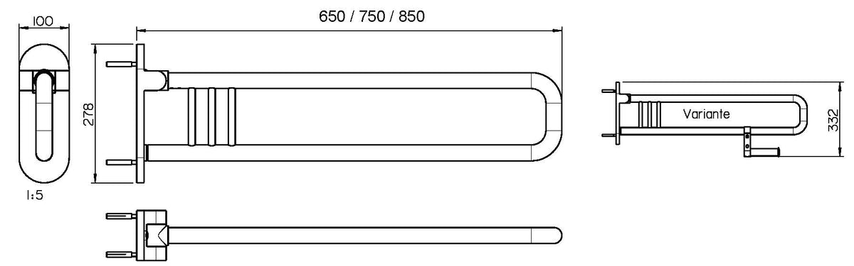 Alva Varia Drehklappgriff 85cm mit Toilettenpapierhalter, bis 130kg, Chrom - AQBFVADKGRH85C