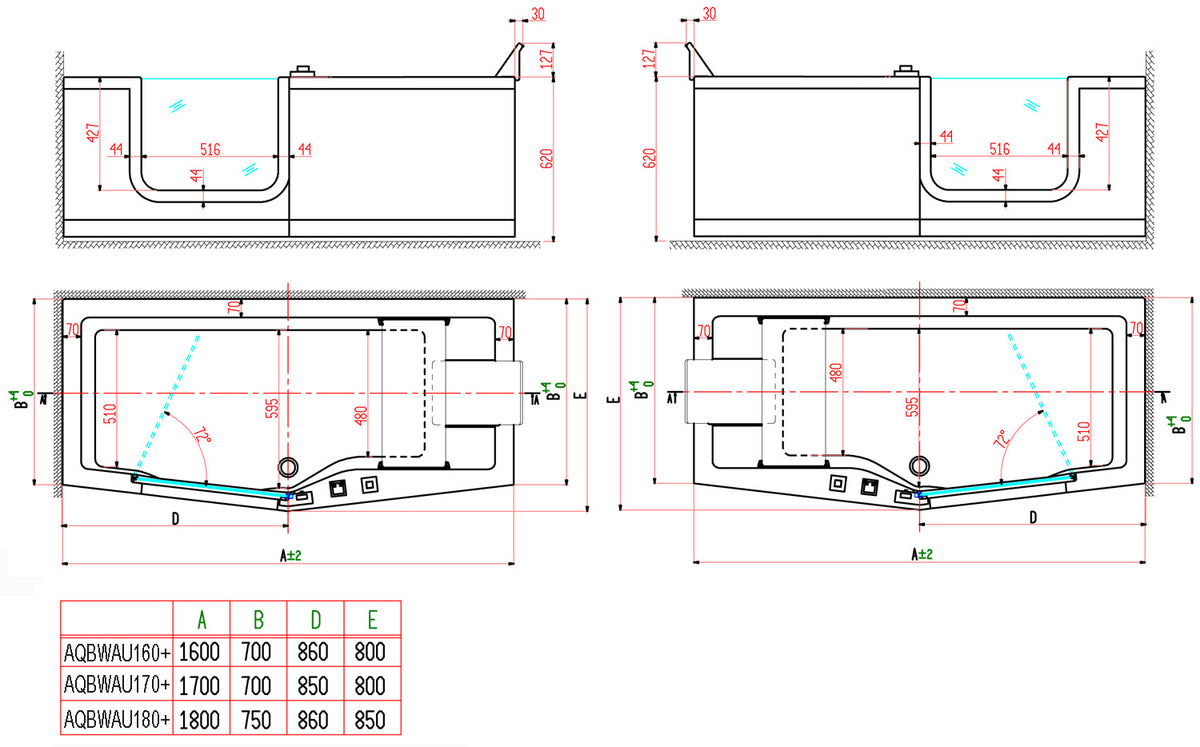 Alva Aura Kombiwanne m.Ein.links 170x70(80cm),Ab-Überlaufga.,Schürze,weiß - AQBWAU170L