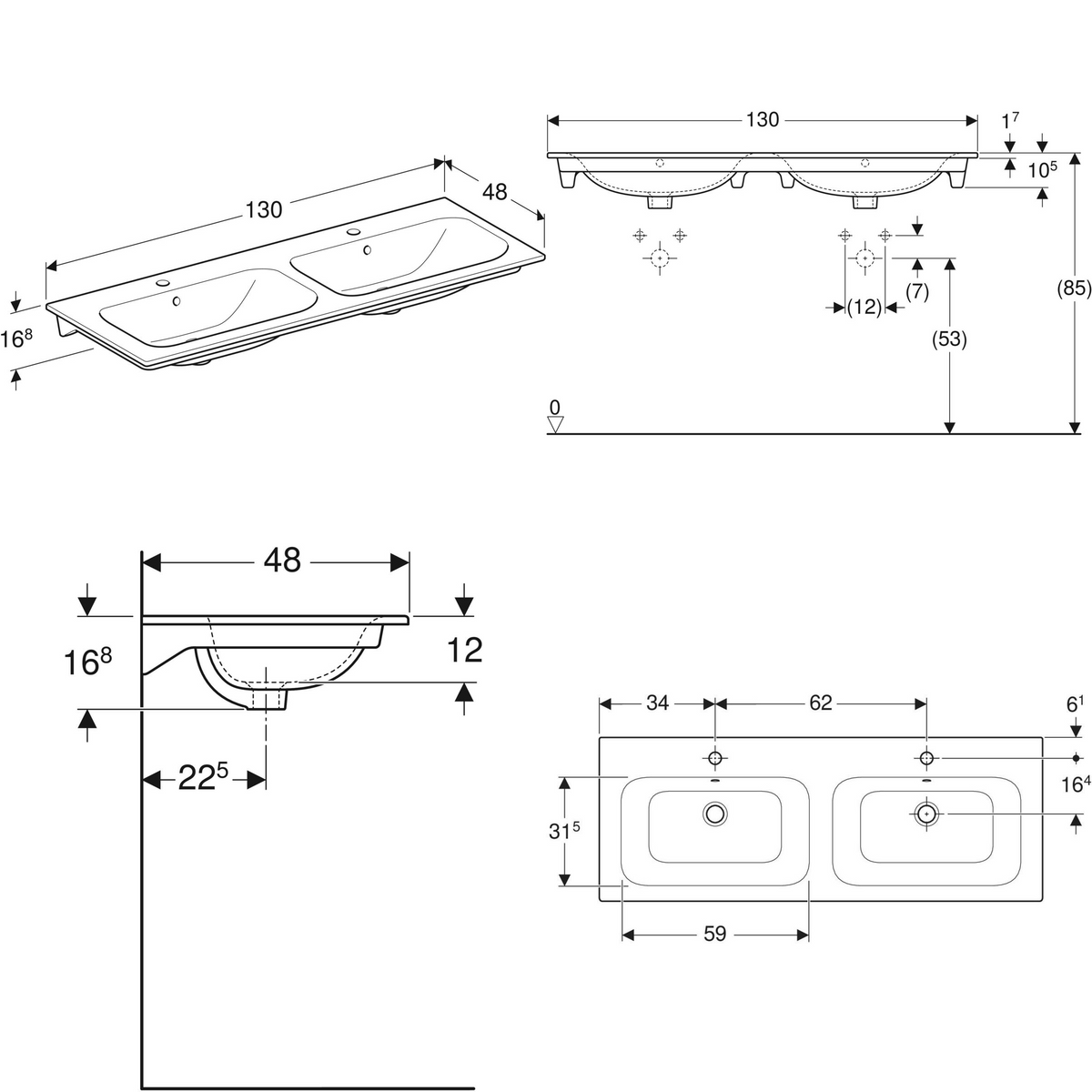Alva Prima Doppelwaschtisch 130x48 mit 2 Hahnlöcher, Weiß - AQKEPRDWT130