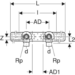 GEBERIT GE Mepla Anschlusswinkel, vormont., ged. zweifach d20mm x Rp1/2, AD15,3cm, Set – 602.781.00.5