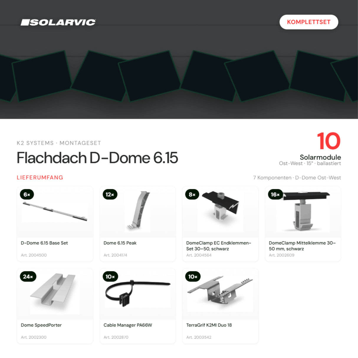 K2 SYSTEMS Montageset Flachdach D-Dome 6.15 – 10 Solarmodule: Lieferumfang Komplettset