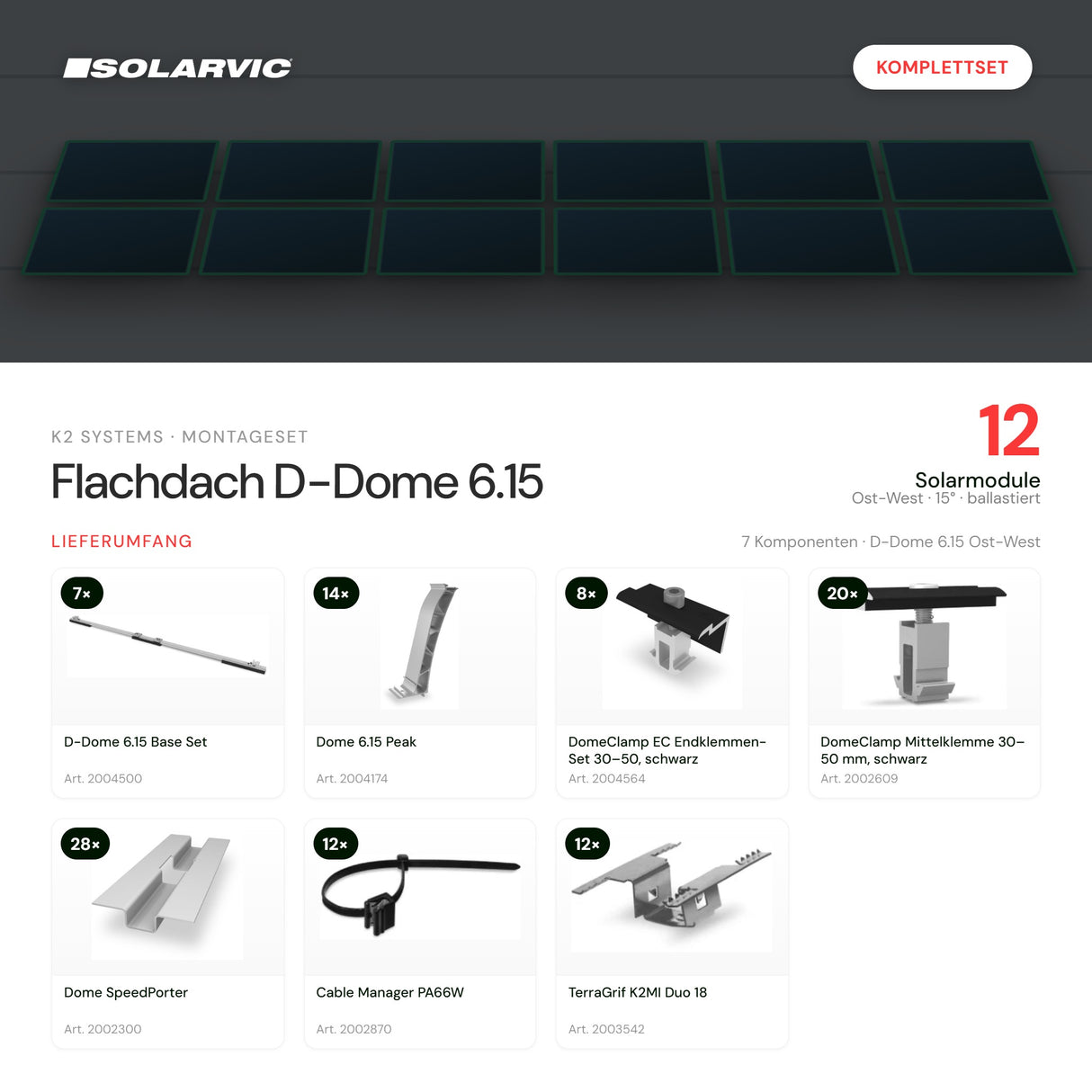 K2 Systems Montageset Flachdach D-Dome 6.15 für 12 Solarmodule