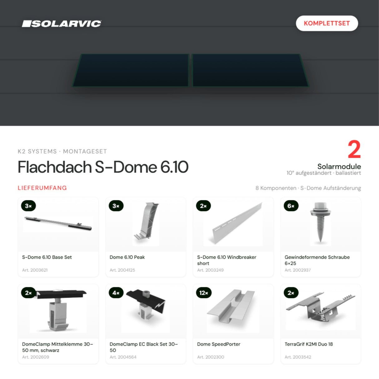 K2 SYSTEMS Montageset Flachdach S-Dome 6.10 – 2 Solarmodule: Lieferumfang Komplettset