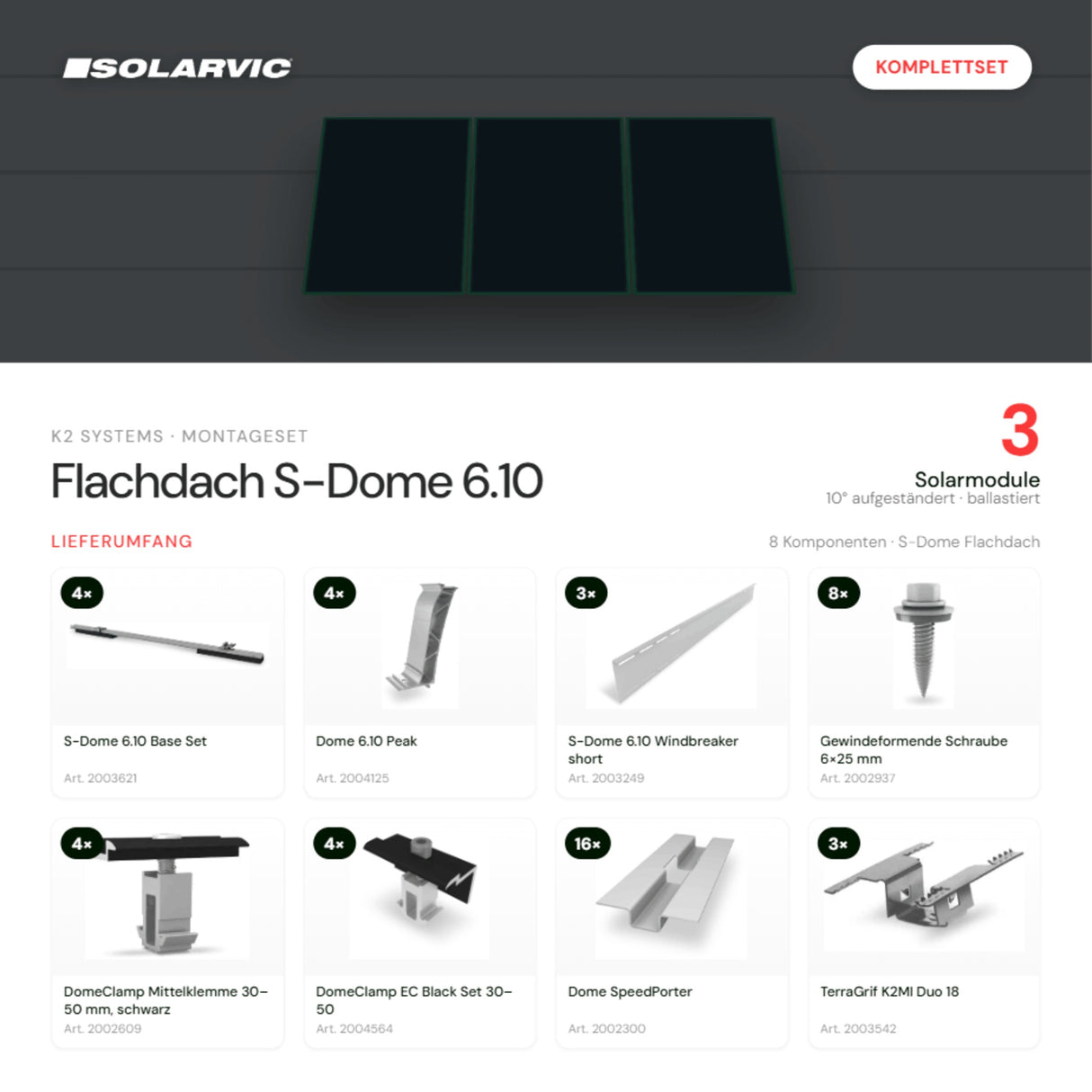 K2 SYSTEMS Montageset Flachdach S-Dome 6.10 – 3 Solarmodule: Lieferumfang Komplettset