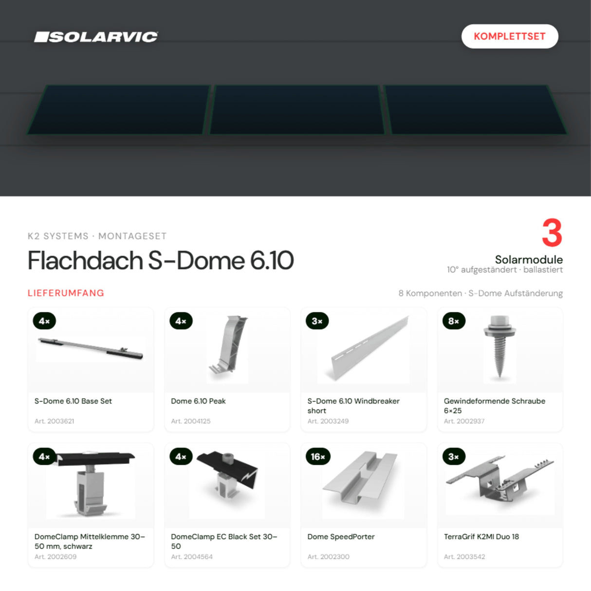 K2 SYSTEMS Montageset Flachdach S-Dome 6.10 – 3 Solarmodule: Lieferumfang Komplettset