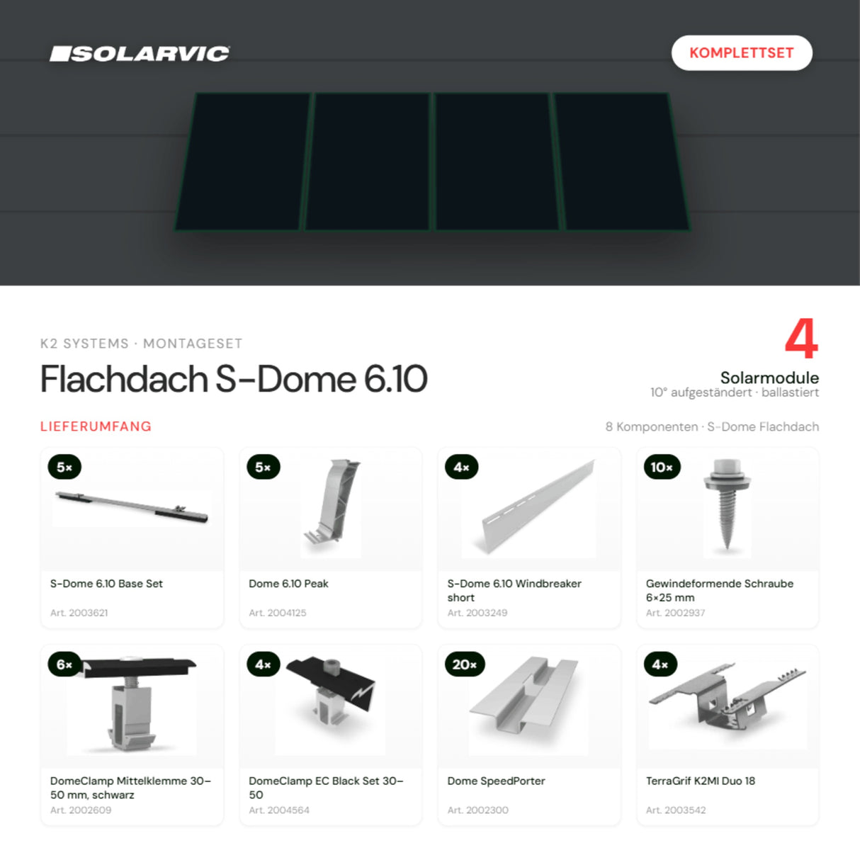 K2 SYSTEMS Montageset Flachdach S-Dome 6.10 – 4 Solarmodule: Lieferumfang Komplettset