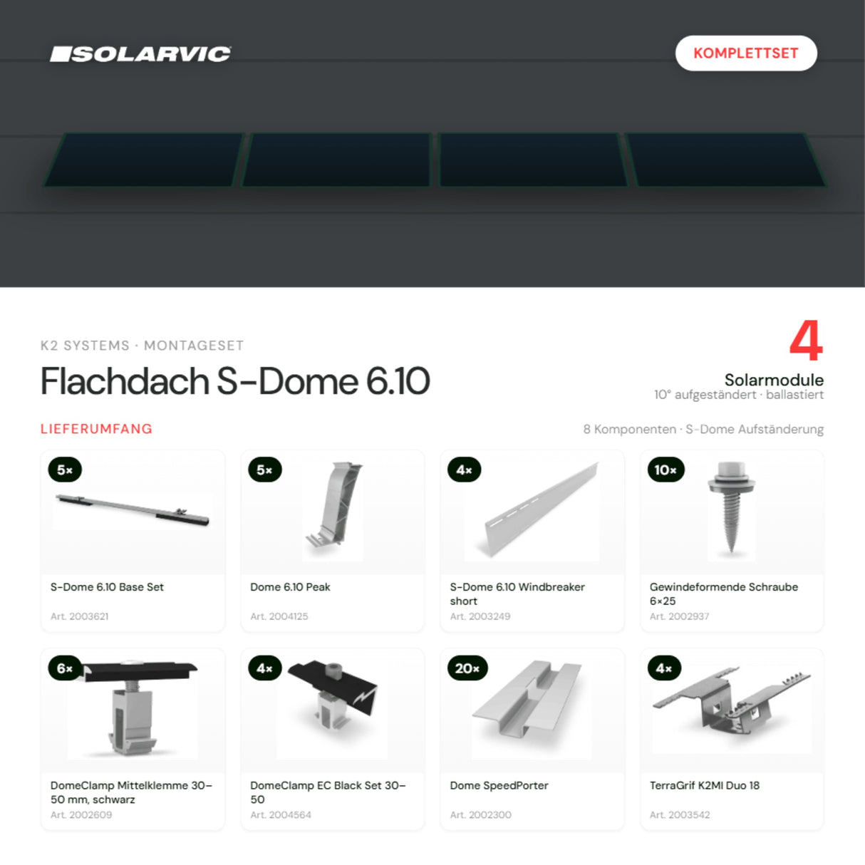 K2 SYSTEMS Montageset Flachdach S-Dome 6.10 – 4 Solarmodule: Lieferumfang Komplettset