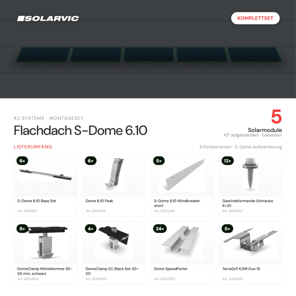 K2 SYSTEMS Montageset Flachdach S-Dome 6.10 – 5 Solarmodule: Lieferumfang Komplettset