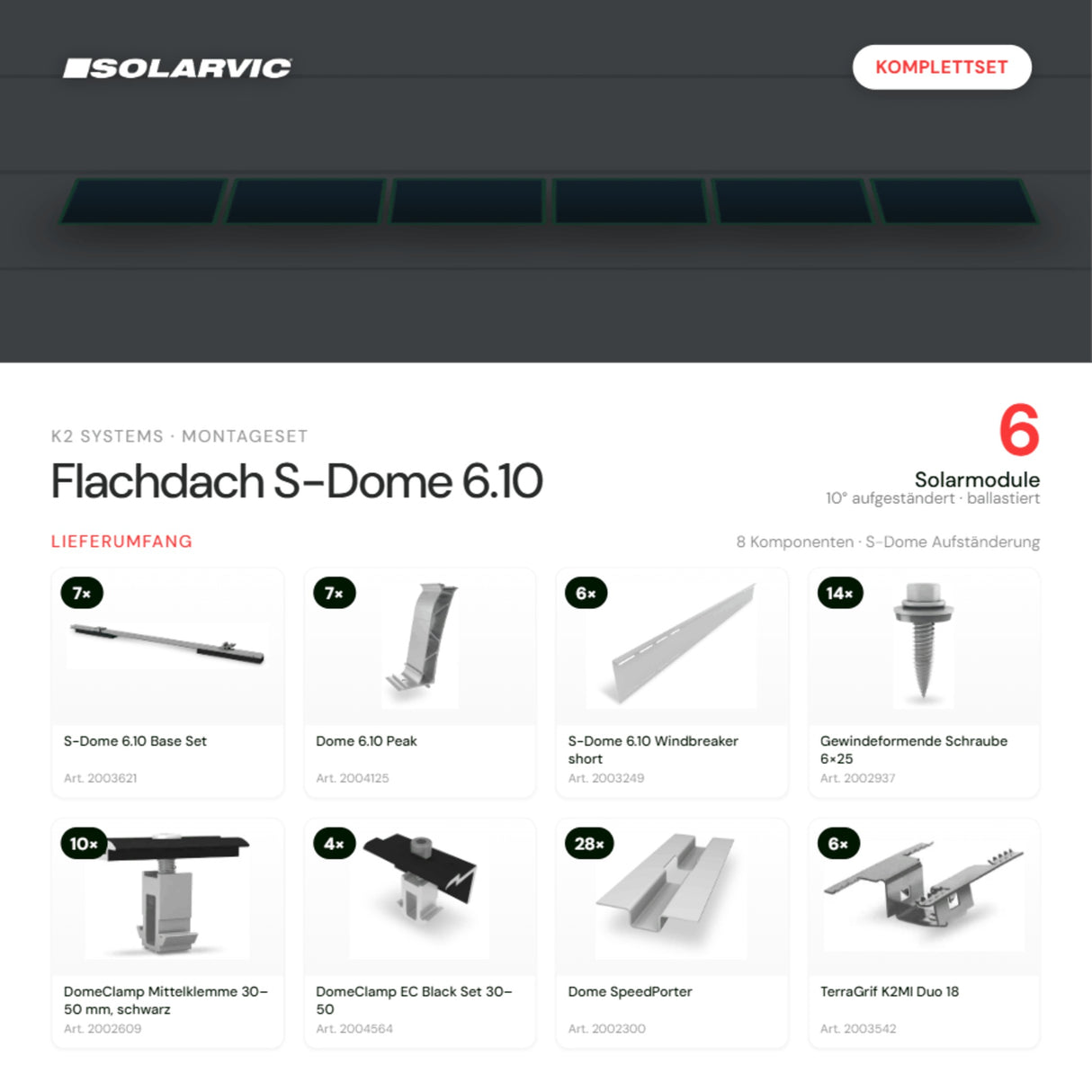 K2 SYSTEMS Montageset Flachdach S-Dome 6.10 – 6 Solarmodule: Lieferumfang Komplettset