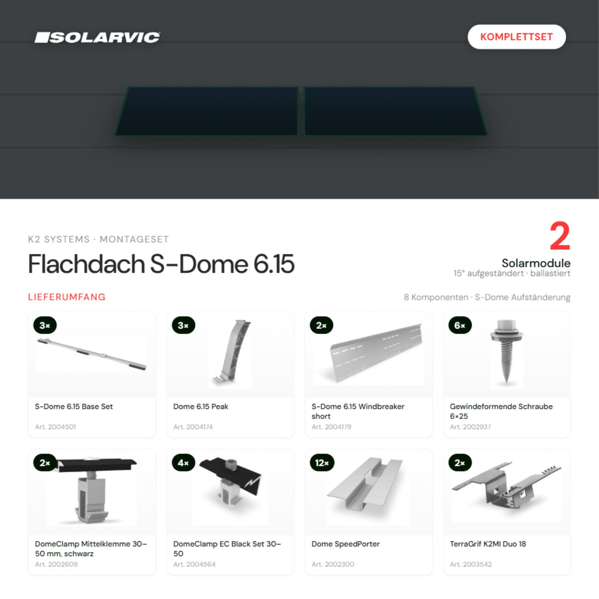 K2 SYSTEMS Montageset Flachdach S-Dome 6.15 – 2 Solarmodule: Lieferumfang Komplettset