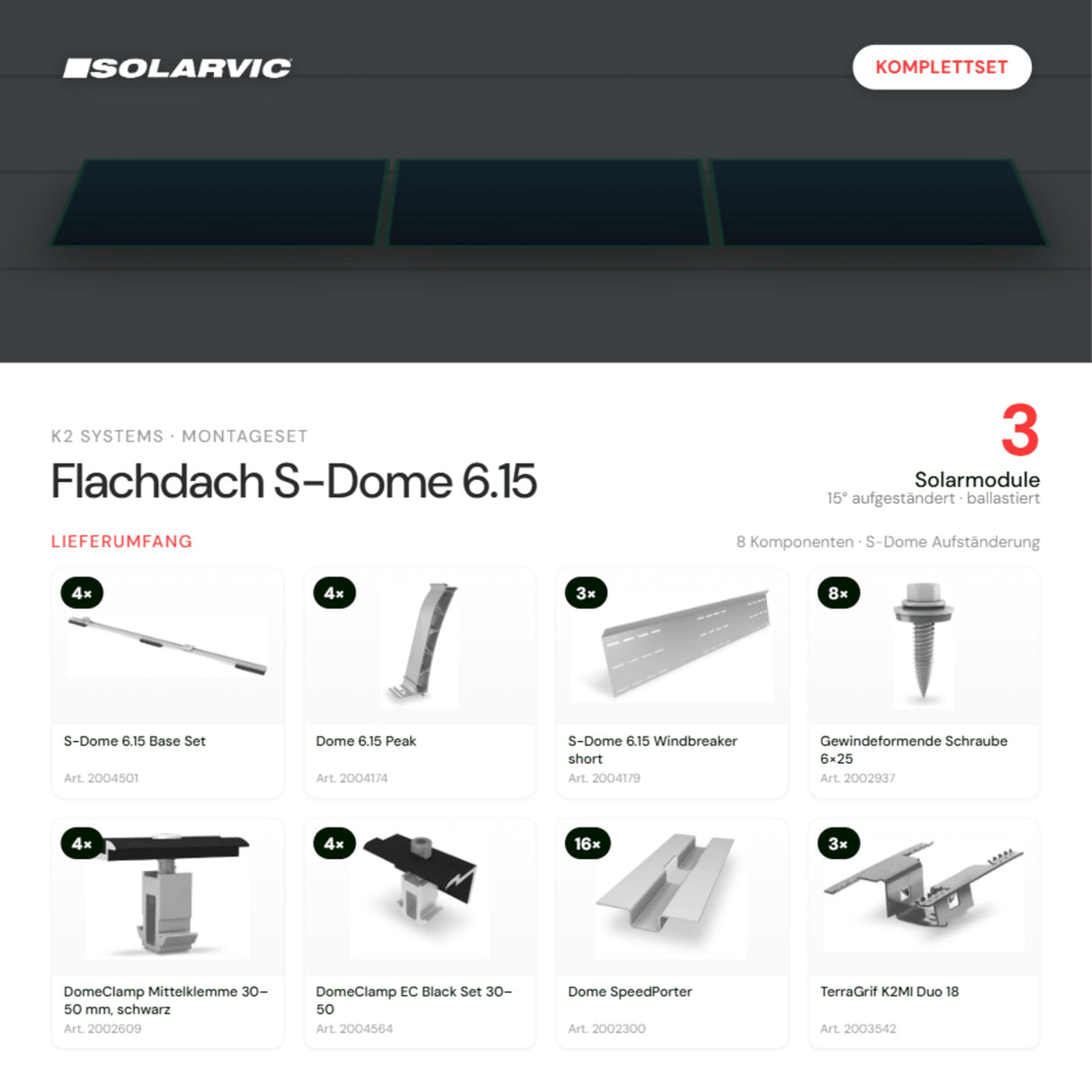 K2 SYSTEMS Montageset Flachdach S-Dome 6.15 – 3 Solarmodule: Lieferumfang Komplettset