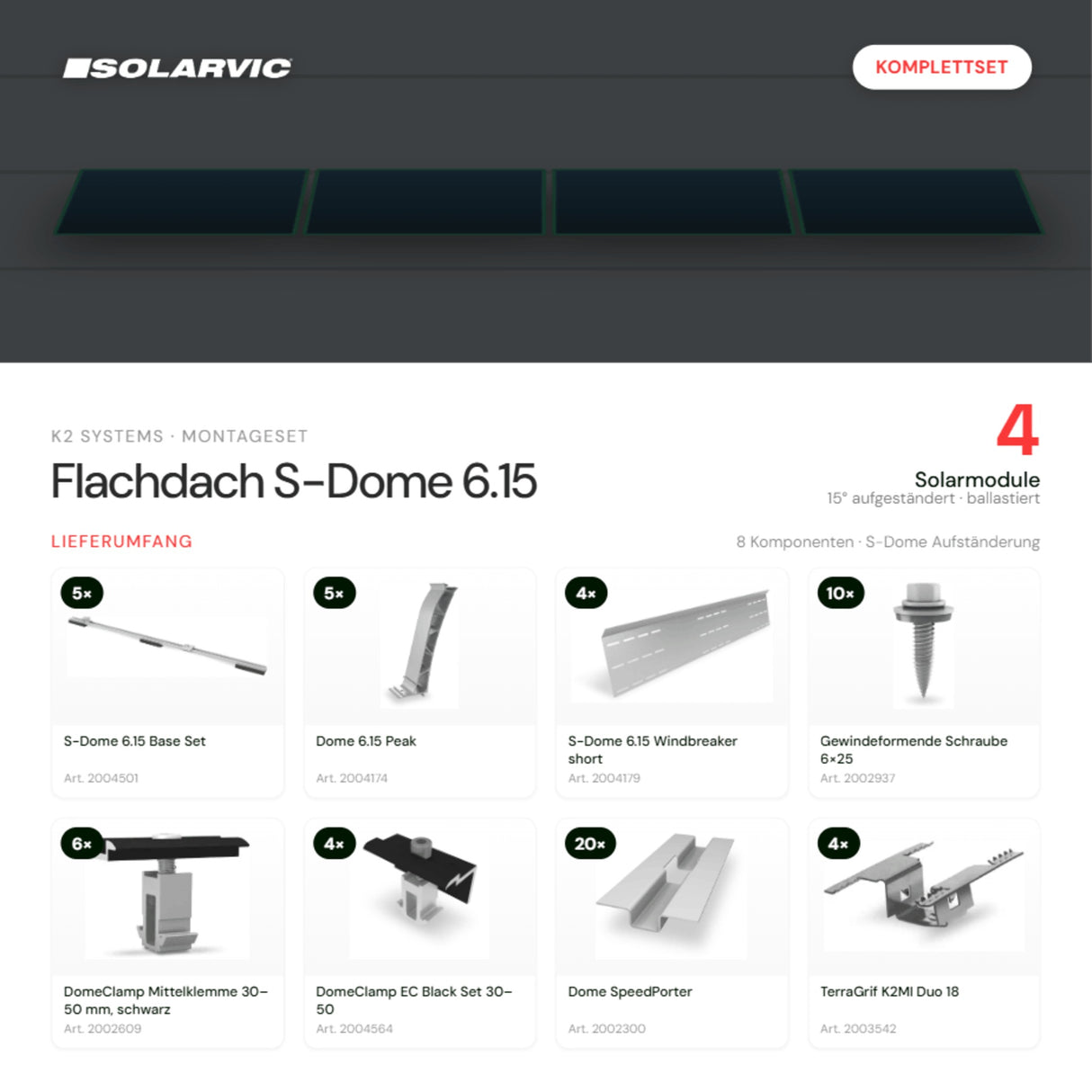 K2 SYSTEMS Montageset Flachdach S-Dome 6.15 – 4 Solarmodule: Lieferumfang Komplettset