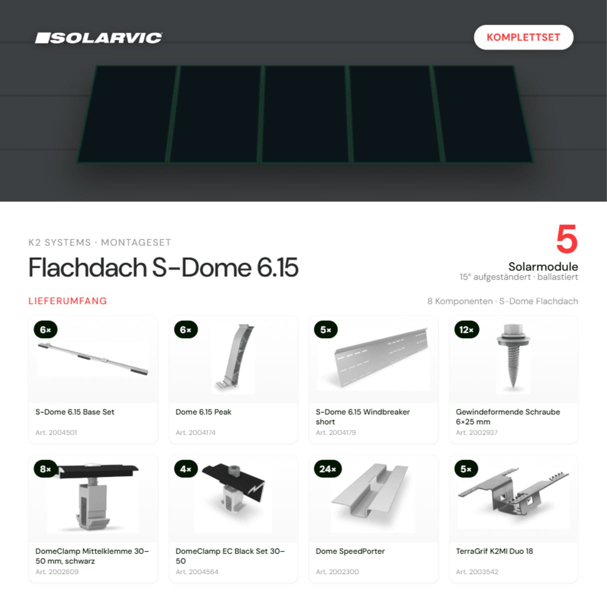 K2 SYSTEMS Montageset Flachdach S-Dome 6.15 – 5 Solarmodule: Lieferumfang Komplettset