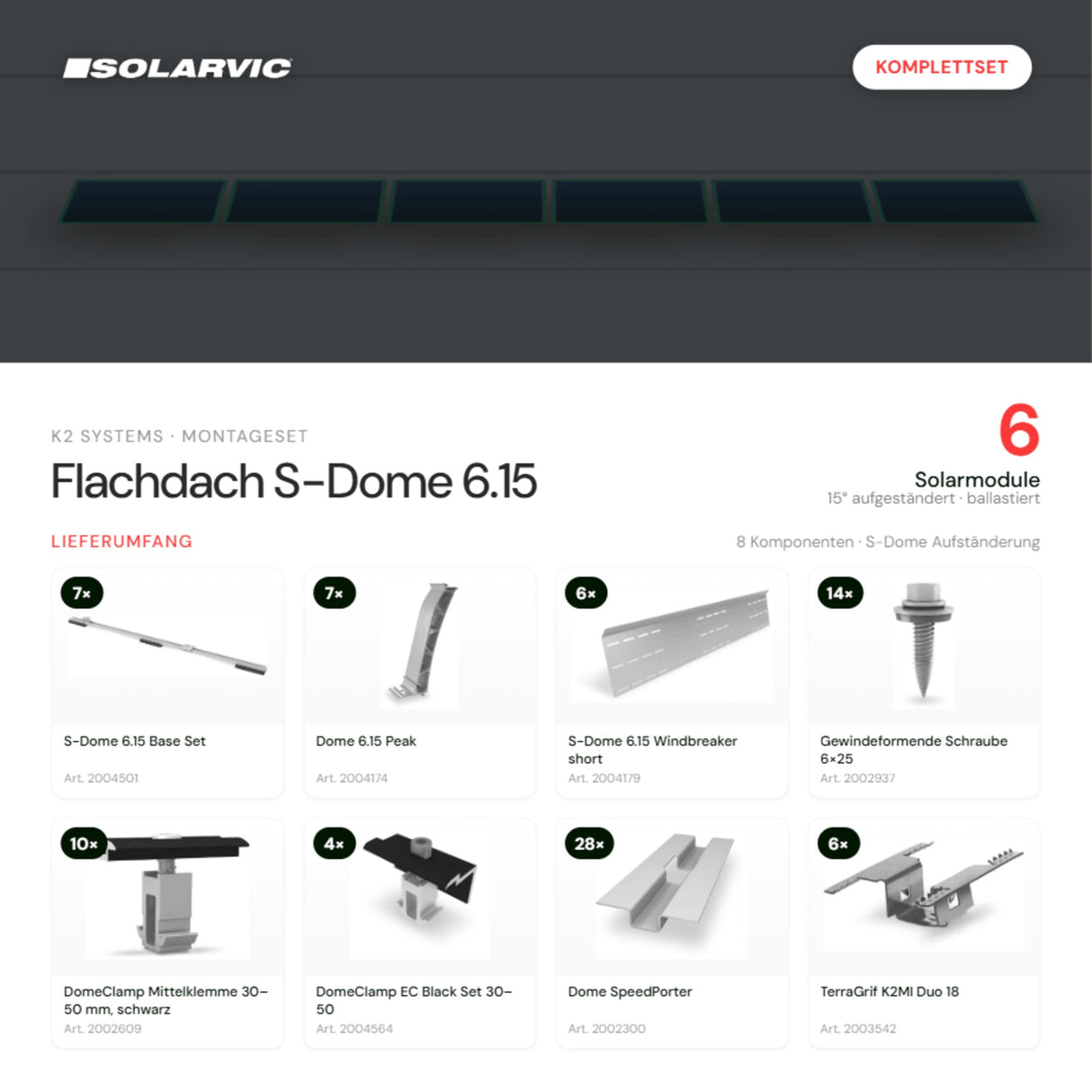 K2 SYSTEMS Montageset Flachdach S-Dome 6.15 – 6 Solarmodule: Lieferumfang Komplettset