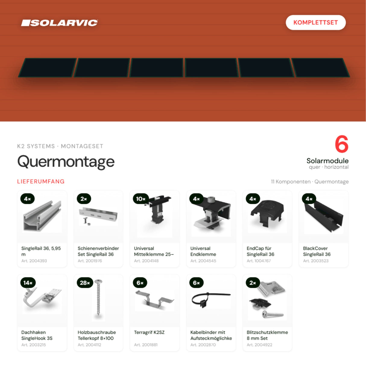 K2 SYSTEMS Montageset Schrägdach Quermontage – 6 Solarmodule: Lieferumfang Komplettset