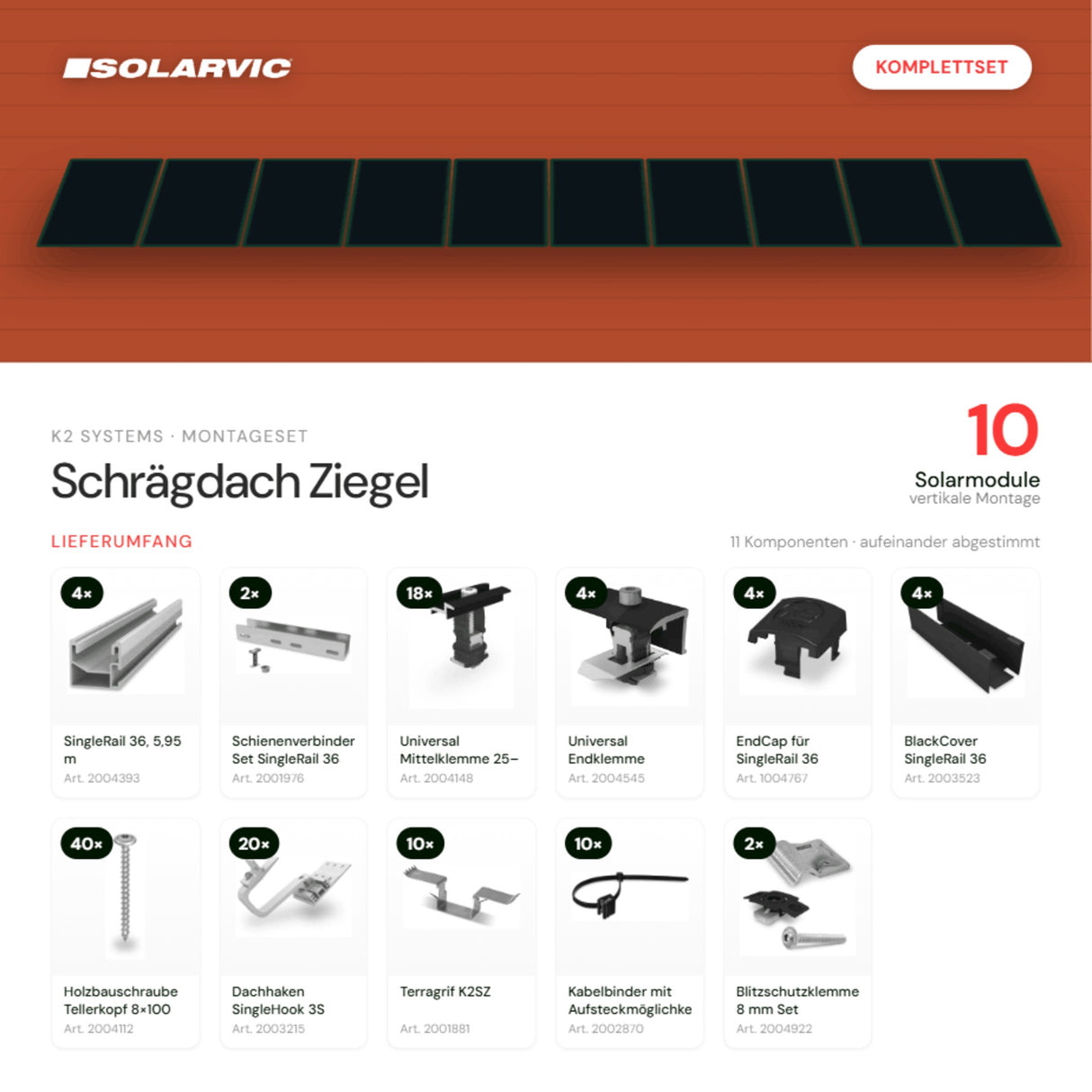 K2 SYSTEMS Montageset Schrägdach Ziegel – 10 Solarmodule: Lieferumfang Komplettset
