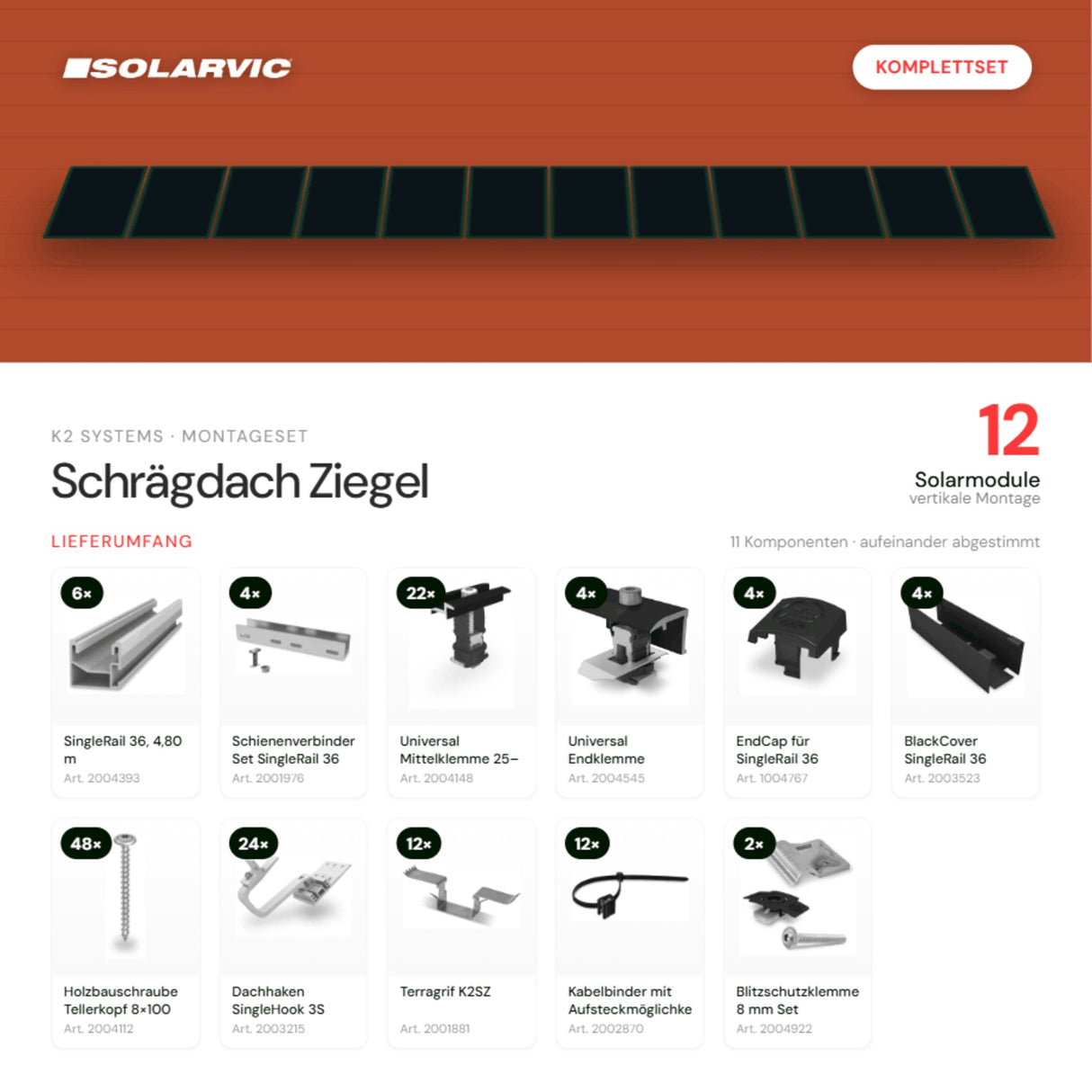 K2 SYSTEMS Montageset Schrägdach Ziegel – 12 Solarmodule: Lieferumfang Komplettset