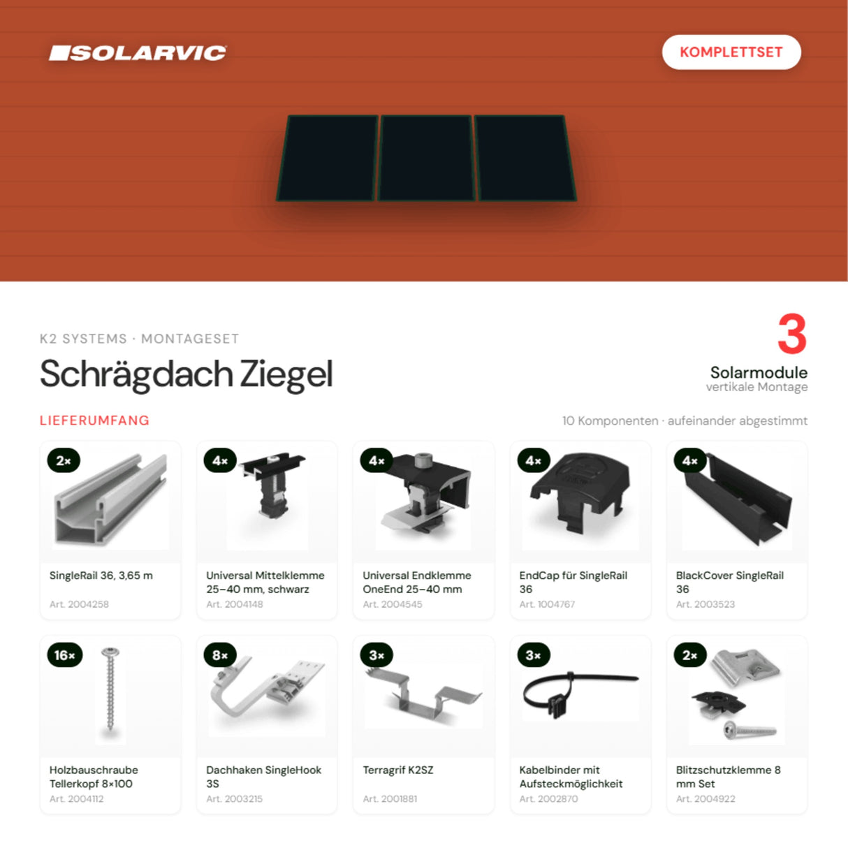 K2 SYSTEMS Montageset Schrägdach Ziegel – 3 Solarmodule: Lieferumfang Komplettset