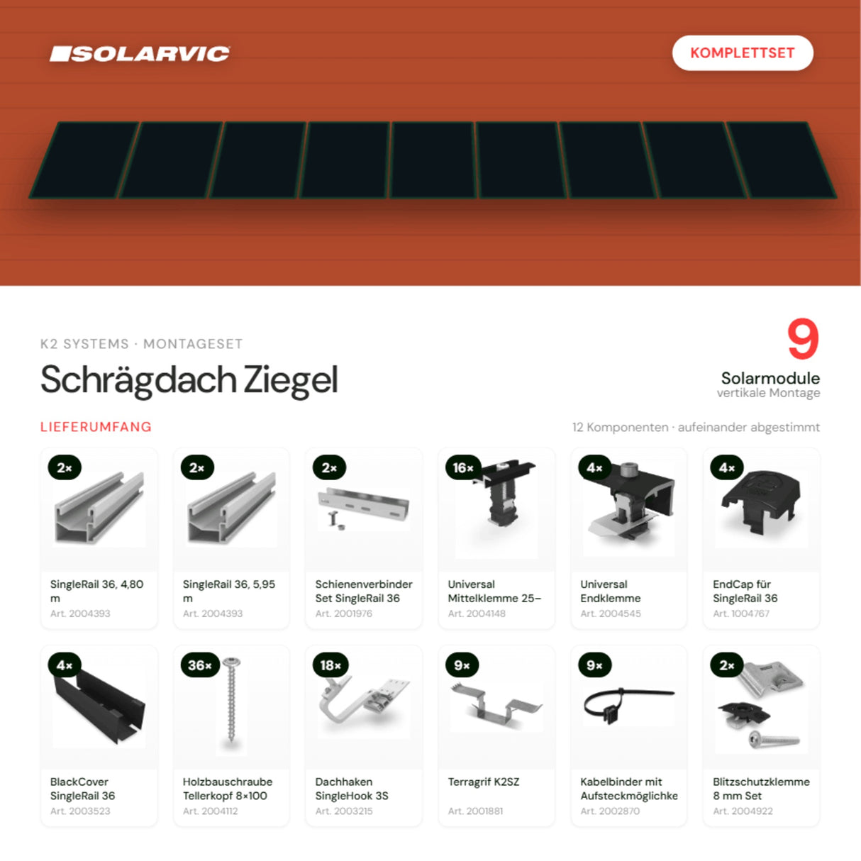 K2 SYSTEMS Montageset Schrägdach Ziegel – 9 Solarmodule: Lieferumfang Komplettset
