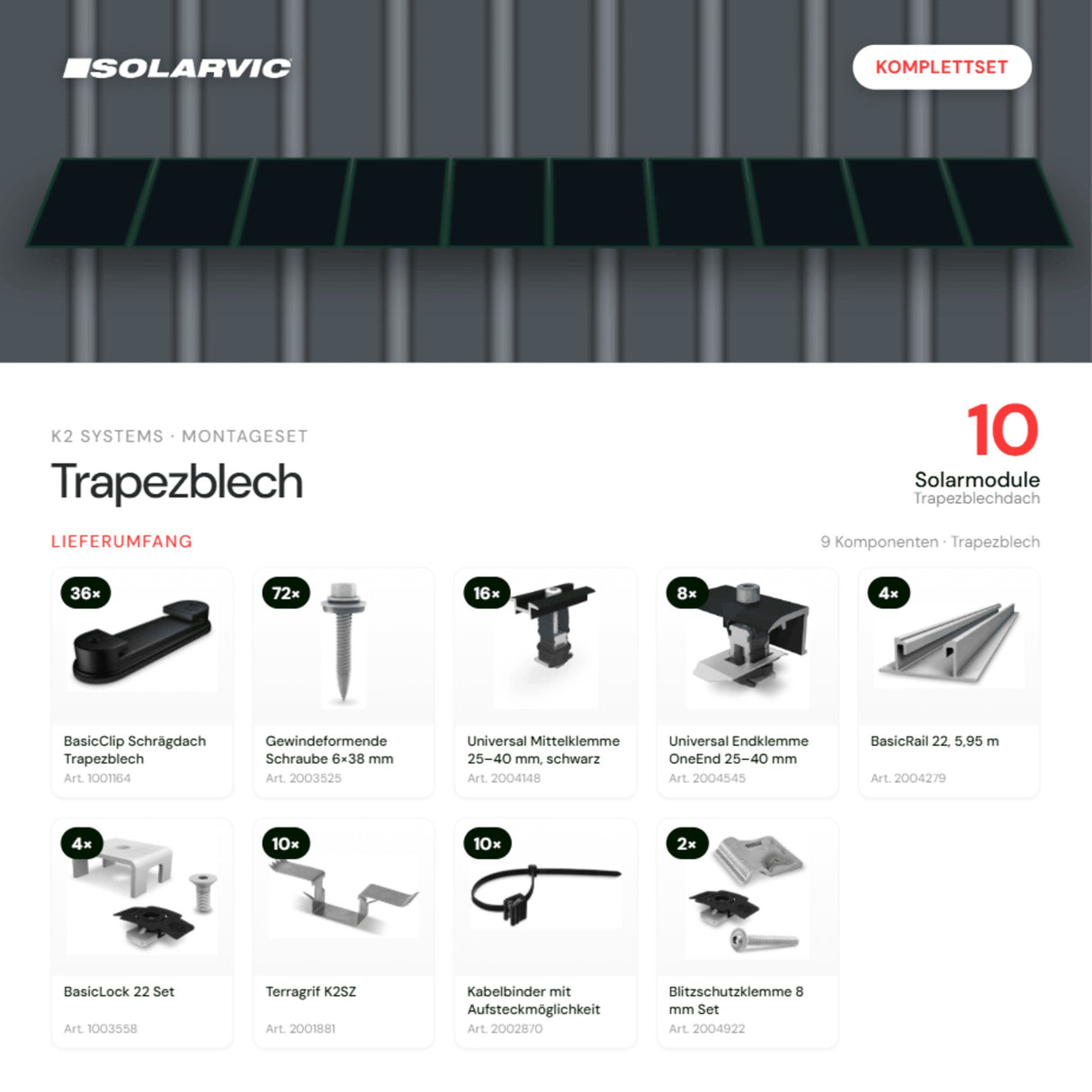 K2 SYSTEMS Montageset Trapezblech – 10 Solarmodule: Lieferumfang Komplettset
