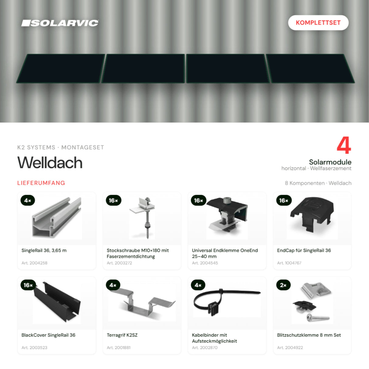 K2 SYSTEMS Montageset Welldach Horizontal – 4 Solarmodule: Lieferumfang Komplettset