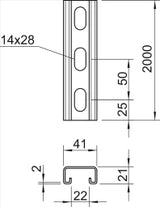 OBO Profilschiene gelocht,Schlitzweite 22mm 2000x41x21 Stahl bandverzinkt  – 1122918