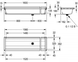 KWC AUSTRIA KWC Waschrinne 1600x210x382mm CNS, seidenmatt, o.Überl., Abl. Mittig   – 2030043780